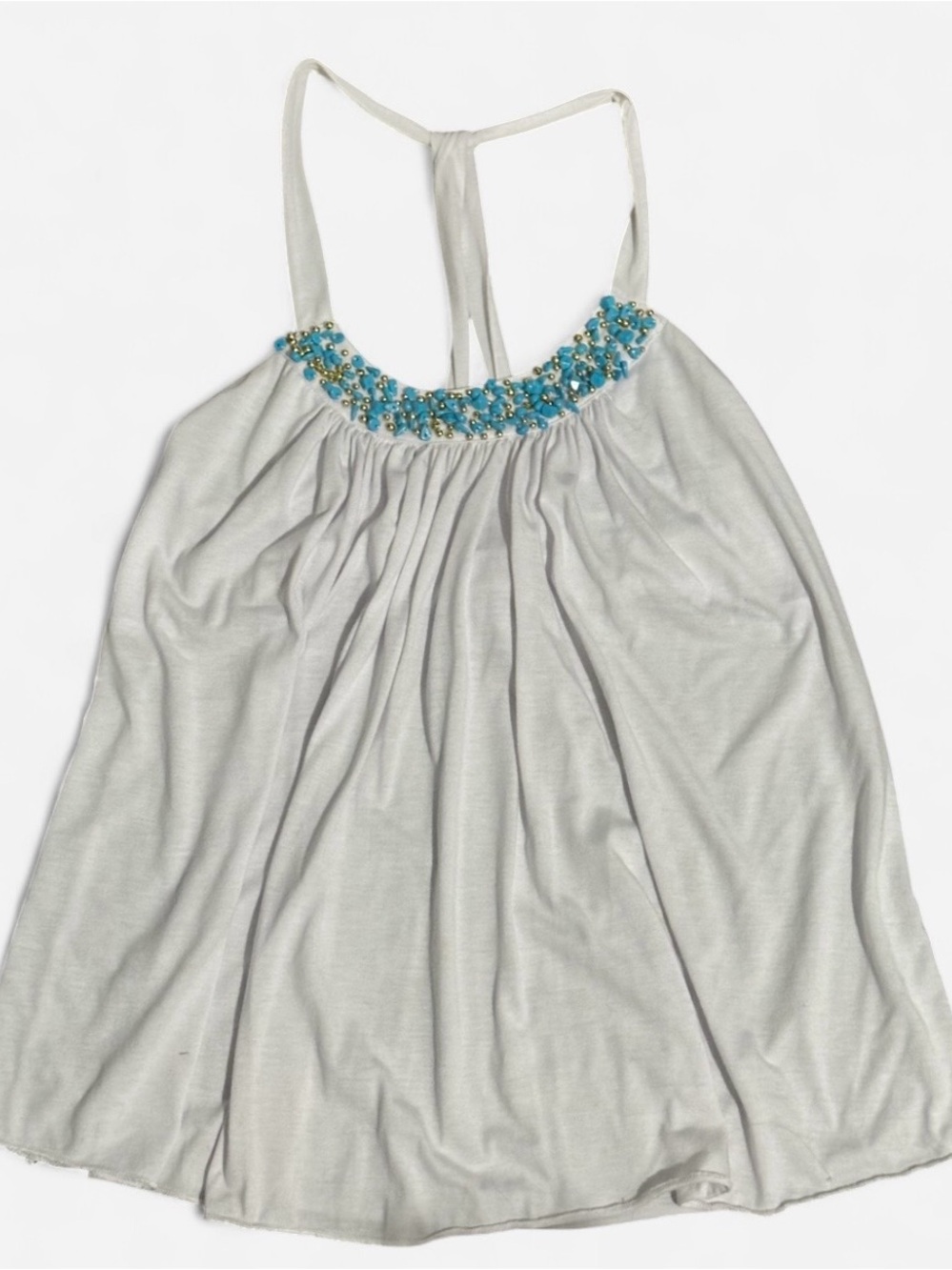 Avon Beaded Halter Tank Top - Light Gray with Turquoise Accents